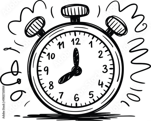 Hand drawn alarm clock ringing to indicate early morning wake up call and time management pressure