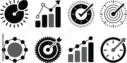Set of business icons featuring financial growth charts and strategic targets for performance tracking and planning
