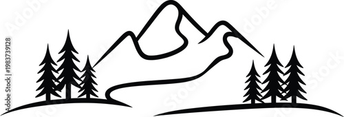 Minimalist black line drawing featuring rugged mountain peaks surrounded by evergreen coniferous pine tree silhouettes