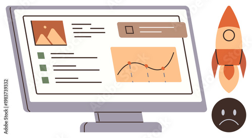 Business growth, data monitoring, startup strategy, educational tools, tech progress, failure analysis. Computer screen with graph, text panels rocket icon. Business growth and data monitoring