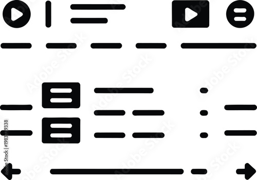 Minimalist user interface elements showing streaming media navigation layout with buttons and content placeholder bars