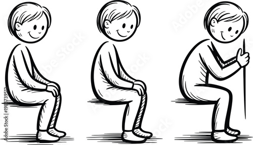 Happy cartoon character sitting in different postures including holding a thin vertical walking stick accessory