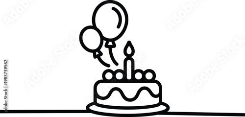 A festive birthday cake icon featuring a lit candle and floating balloons for celebrations and parties