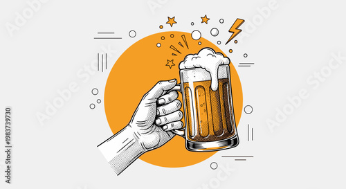 Graphic illustration of a hand holding a beer mug on a bright orange background