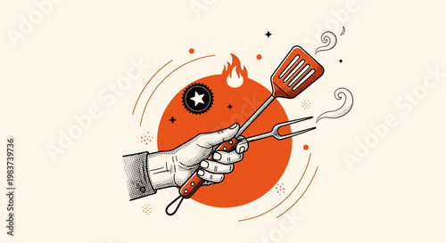 Illustration of Hand Holding Grill Spatula and Fork with Smoke and Flame Element