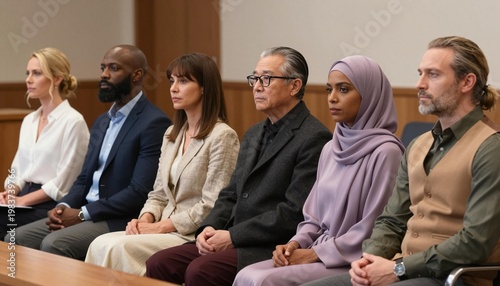 Diverse group of attentive jurors seated on a courtroom bench during a trial