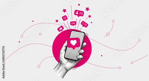 Illustration of hand hold phone receives social media likes followers comments