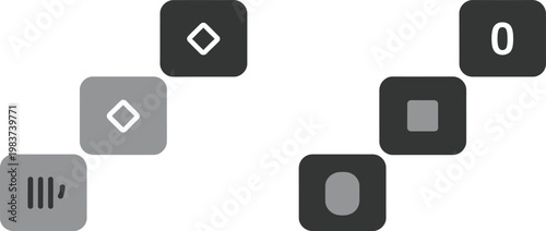 Rounded square icons with varying minimalist symbols arranged in two ascending stair patterns on flat surfaces