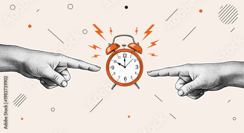 Dual Hands Point at an Alarm Clock: Time Management Concept Illustration Artwork