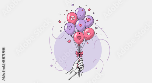 Celebratory hand hold colorful balloons with hearts and sparkling fun