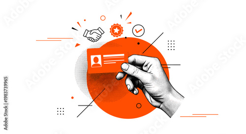 Illustration of hand hold card over geometric shapes for payment processing