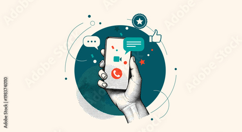 Graphic Illustration of Hand Holding Phone with Notifications and Social Icons