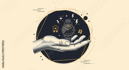 Graphic Illustration of Hand Reaching for Stylish Watch on Dark Background