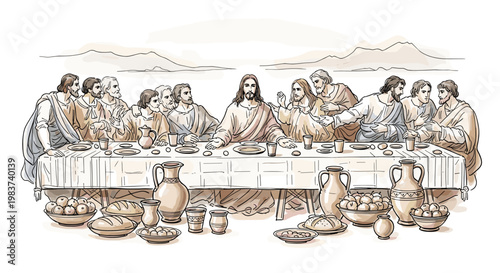 Illustration of the Last Supper in warm, earthy tones