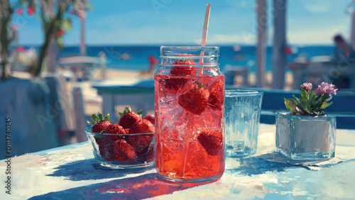 Vibrant strawberry beverage on a beachside table at sunset