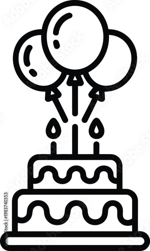 Festive birthday cake with bright floating balloons and glowing lit candles for a happy celebration event