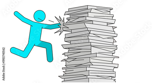 breaking through paperwork a blue stick figure symbolizes overcoming obstacles and managing workload efficiently.