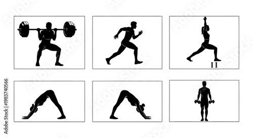male and female fitness silhouettes performing exercises including weightlifting and yoga poses
