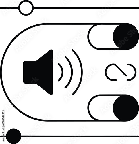 Sound adjustment interface icon featuring a speaker symbol with volume control sliders and link connectivity options