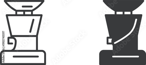 Two variations of a kitchen grain mill appliance shown as a simple outline and solid icon