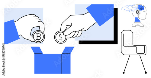 Financial technology, cryptocurrency trading, artificial intelligence, brainstorming, digital economy, startup funding. Hands depositing coins, AI silhouette and a modern chair. Fintech