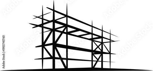 Black silhouette of a metallic building structure under construction for urban development and heavy industrial projects