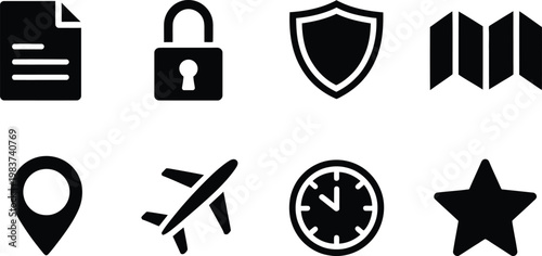 Collection of basic utility icons representing document security protection navigation travel time and rating favorites symbols