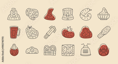 Collection of Hand-Drawn Food and Kitchen Utensil Icons.