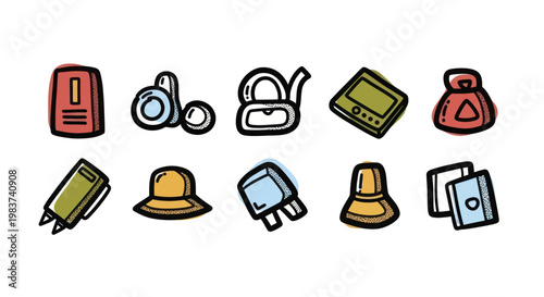 Collection of Hand-Drawn Travel and Vacation Essentials Icons.
