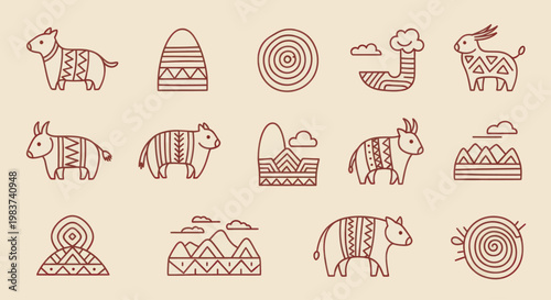 Collection of stylized animal and nature icons with tribal patterns.