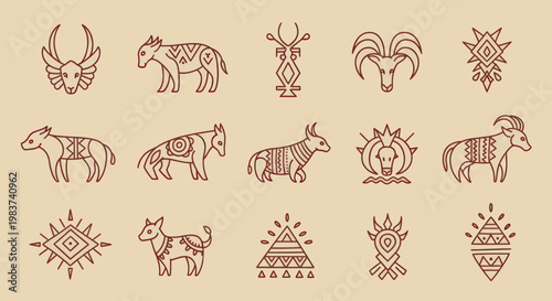 Collection of stylized animal illustrations and tribal symbols in a linear art style.