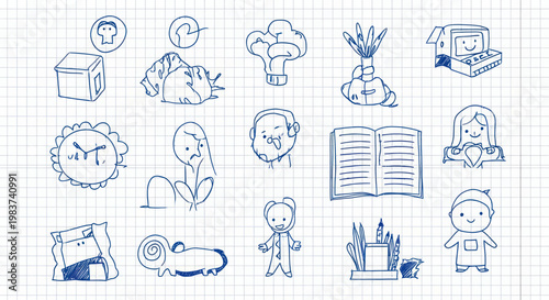 Collection of simple hand-drawn sketches on grid paper.