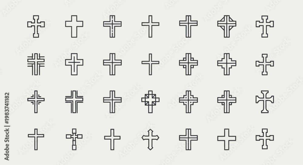 Obraz premium Collection of various outlined Christian cross symbols in a grid.