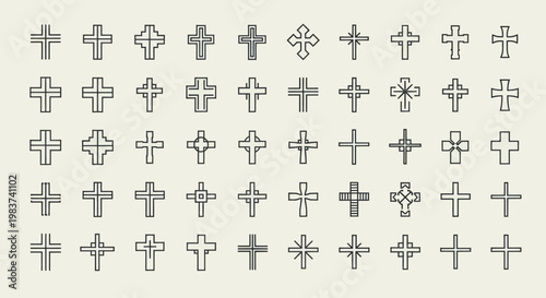 Collection of various Christian cross symbols in a grid pattern.