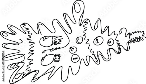 Single continuous line drawing of a complex biological cell structure with internal organelles and nuclei