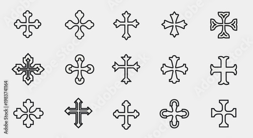 Collection of various ornate Christian cross outlines in a grid pattern.