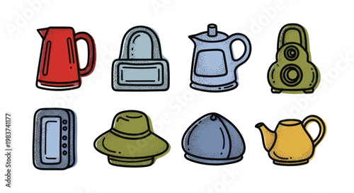 Collection of various household items and accessories in a doodle style.