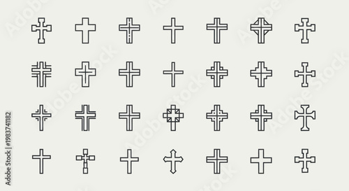 Collection of various outlined Christian cross symbols in a grid.