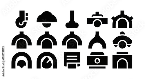 Collection of various oven and furnace icons in a solid black style.