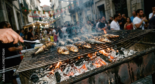 Grilling fish on an outdoor barbecue with a crowd in the background