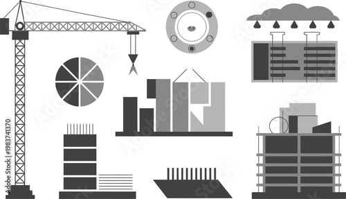 Construction industry symbols featuring tower cranes and building sites with architectural planning charts and development icons