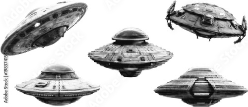 Retro futuristic ufo designs in halftone aesthetic. Vector png isolated on transparent halftone