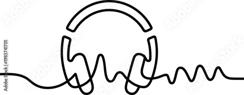Minimalist line drawing of stereo headphones integrated with a continuous sound wave audio frequency pulse