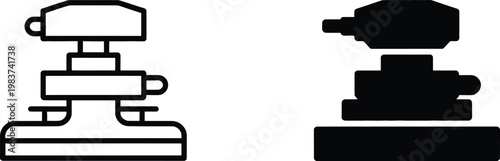 Two metal workshop bench vise icons shown in bold black outline and solid black silhouette styles