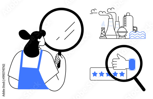Quality control, product evaluation, feedback analysis, manufacturing standards, sustainability, customer insight. Woman holding a magnifying glass, factory and thumbs-up rating. Quality control