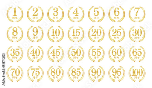 周年記念の円形月桂樹エンブレムセット | 1周年から100周年のアニバーサリーバッジ | ゴールド ベクター素材