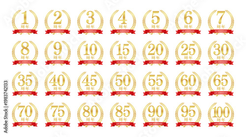 周年記念の赤いリボン付き円形月桂樹エンブレムセット | 1周年から100周年のアニバーサリーバッジ | ゴールド ベクター素材