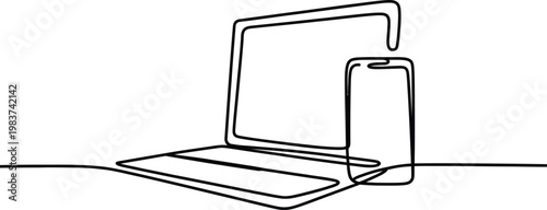 Continuous line drawing of a modern laptop and a smartphone sitting on a flat surface