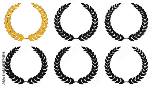 Collection de six couronnes de laurier élégantes avec un emblème doré et cinq silhouettes noires isolées sur fond blanc pour symboliser le succès.