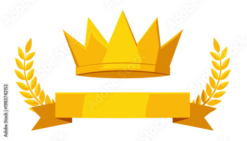 Couronne royale dorée élégante accompagnée de branches de laurier et d'un ruban horizontal pour célébrer une victoire ou un succès prestigieux.